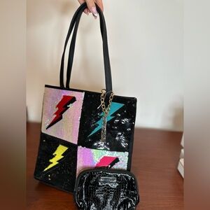 Betsey Johnson Black and Pink Lightning Bolt Tote